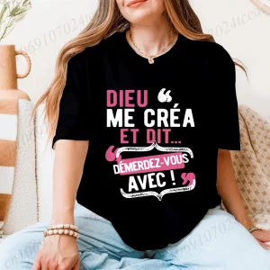 T-Shirts for Women Casual Crew Neck T-Shirt with French Quote "Dieu Me C'est Mon Saint" - Playful Letter Print Short Sleeve Top