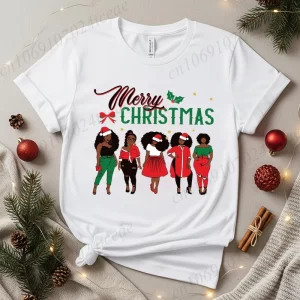Women's Merry Christmas Print T-Shirt Clothes Y2K Fashion Funny Santa Black Girl Christmas Design Casual Top Style Girl Clothing